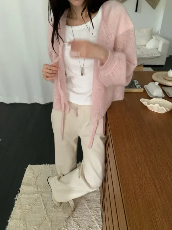 柔霧輕織綁帶針織罩衫