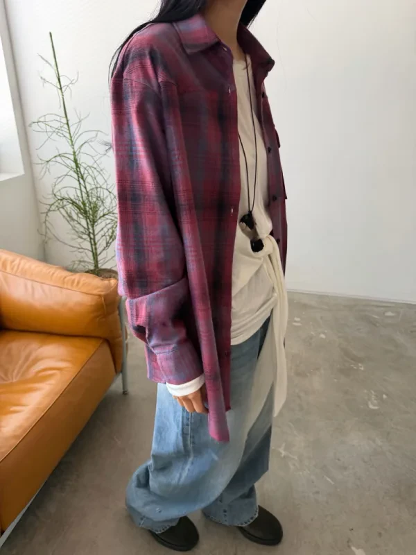 暮莓格紋寬版襯衫