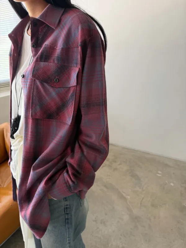 暮莓格紋寬版襯衫