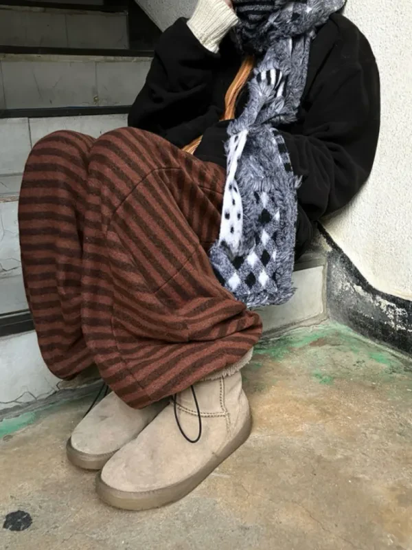 暖調復古條紋寬版長褲