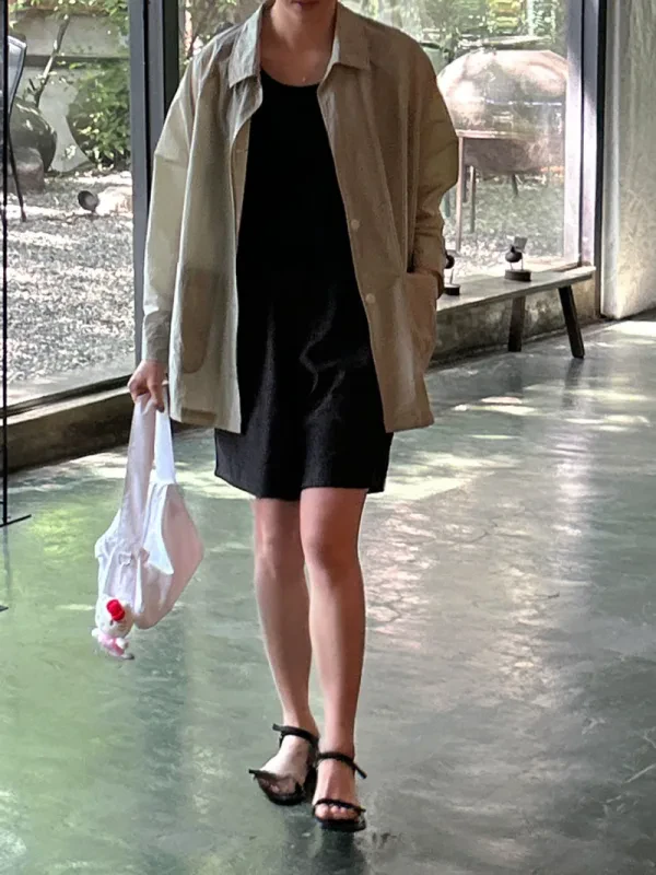 輕透微皺感翻領工裝襯衫外套
