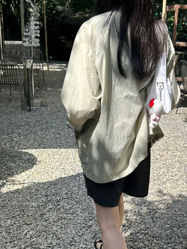 輕透微皺感翻領工裝襯衫外套