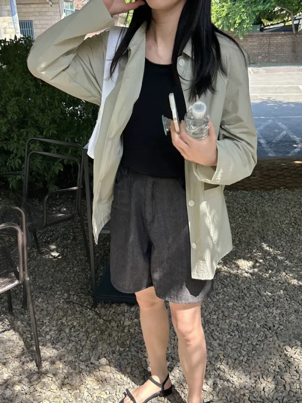 輕透微皺感翻領工裝襯衫外套