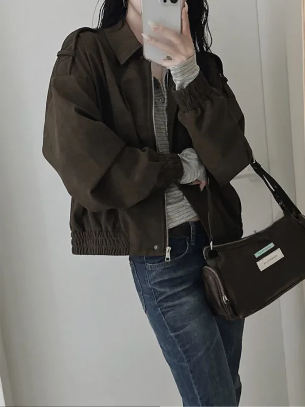 復古麂皮感寬版飛行外套