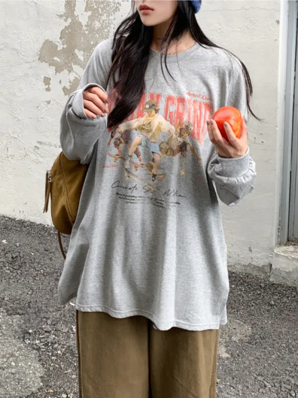 街頭滑板復古印花寬版長袖上衣