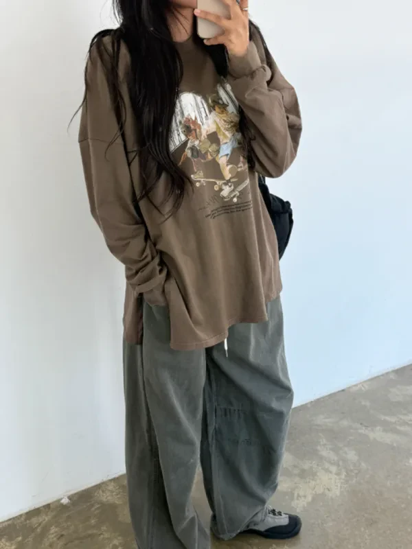 街頭滑板復古印花寬版長袖上衣