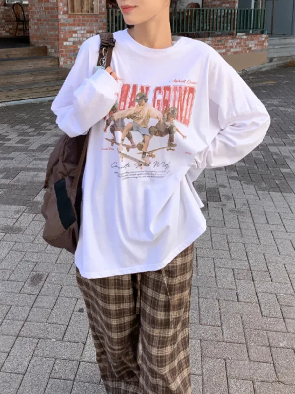 街頭滑板復古印花寬版長袖上衣