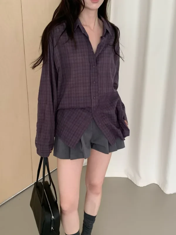暮色格紋寬版長版襯衫