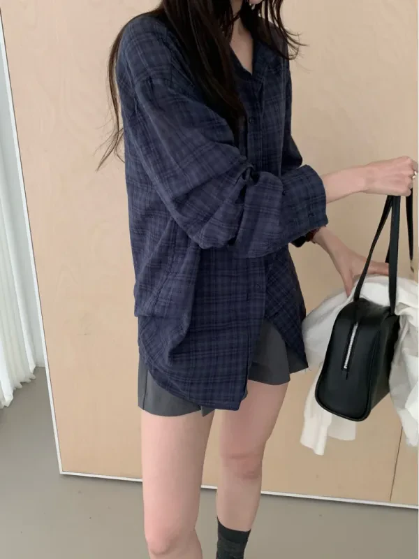 暮色格紋寬版長版襯衫