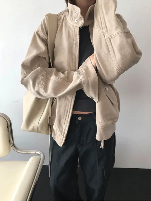 暖砂工裝立領抽繩外套