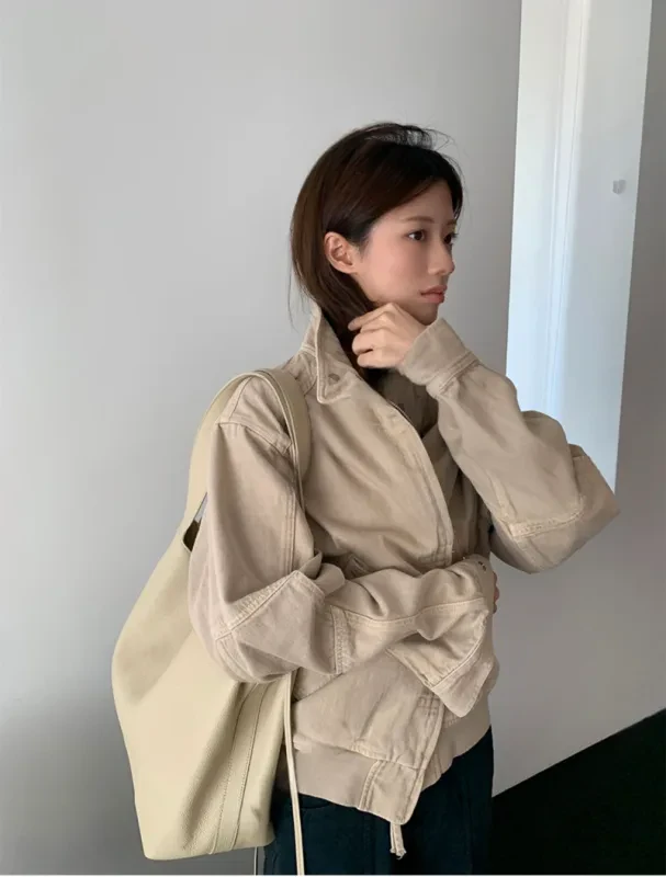 暖砂工裝立領抽繩外套