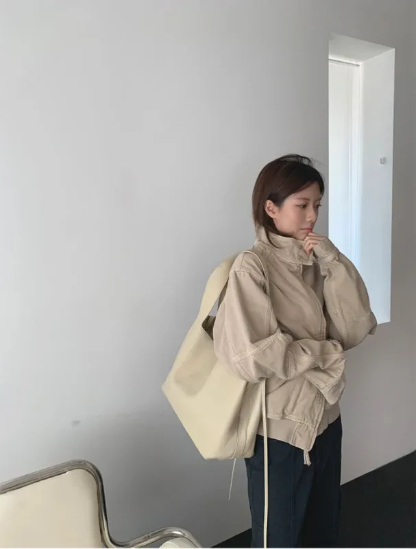 暖砂工裝立領抽繩外套
