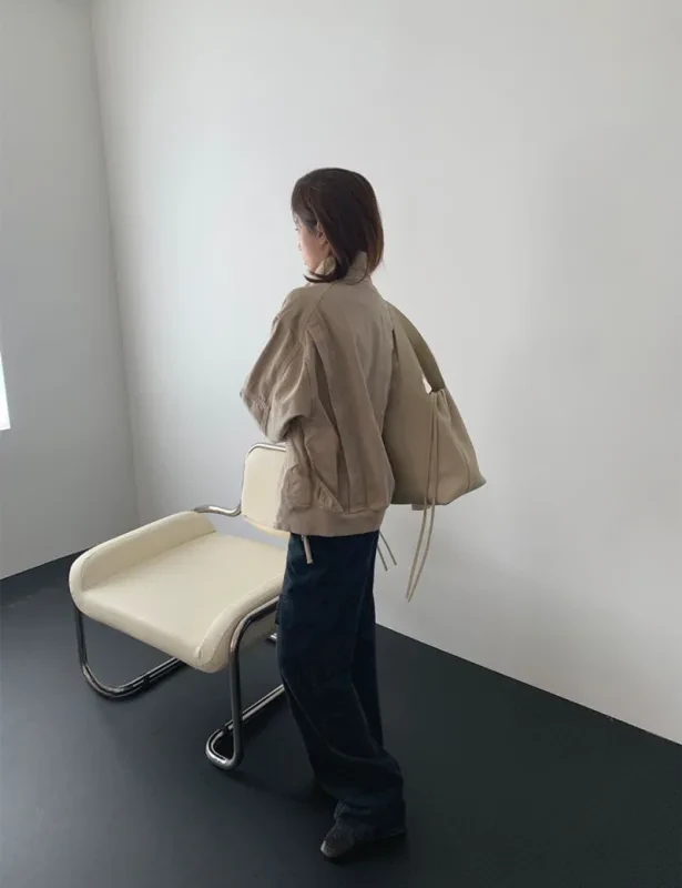 暖砂工裝立領抽繩外套